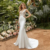 Vestidos de novia de sirena con apliques de encaje sexy, estilo princesa, en satén. Vestidos de novia con cola de barrido, hechos a medida.