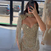 Robe de soirée bustier couleur chair 2025, avec pompon perlé et cape courte à franges amovibles, pour une occasion formelle, LA72876