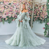 Elegant Tulle Maternity Dress for Photoshoot Ruffle Puff Sleeves Bridal Robe Maternity Gowns Green Pregnancy Photography Dresses