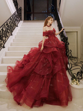 Robe de soirée rouge trapèze à épaules dénudées, robe de bal scintillante, robe de mariée Y7676