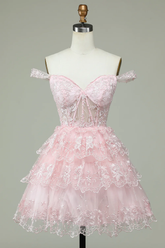 Pink Off The Shoulder Corset Homecoming Dress With Lace Y2471