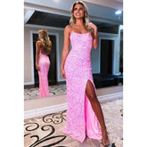 Sheath/Column Straps Sequined Split Sleeveless Prom Dress