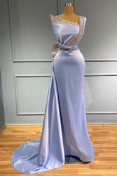 Robe de bal longue sirène asymétrique sans manches en satin ornée de perles et de volants