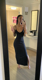 Robe longue noire à fines bretelles, robe de soirée sexy Y320