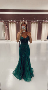 Vestido de fiesta verde oscuro con escote en V estilo sirena, impresionante vestido de noche Y325