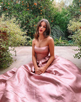 Robe de soirée longue en satin rose poudré, coupe trapèze, sans bretelles, charmante Y322