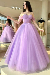 Princess A Line Off the Shoulder Purple Long Prom Dress with Criss Cross Back