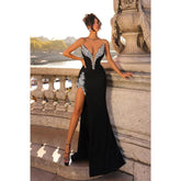 Robe de bal longue plissée en satin noir perlé à col en V avec fente