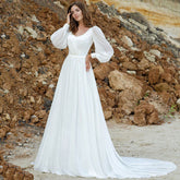 Puff Sleeve Wedding Dresses Women Vestido De Novia Long Chiffon Elegant V-Neck A-Line Backless Bridal Gown Robe Mariée