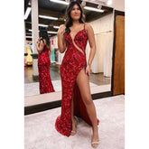 Robe de bal longue fourreau à paillettes et décolleté en V avec fente