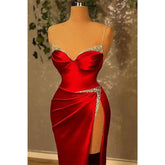 Sweetheart Straps Beaded Red Satin Long Prom Dress with Split Evening Gowns
