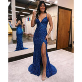 Robe de bal sexy à paillettes et col en V avec fente