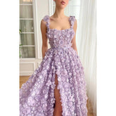 Vestido de noche de fiesta de graduación con abertura lateral y apliques florales cuadrados de tul en forma de A