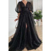Robe de bal sexy à col en V et manches mi-longues, fendue et scintillante, avec poches