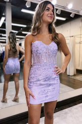 Vestido corto ajustado de fiesta con apliques de encaje lavanda Y2777