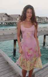 Unique Pink Satin Print Midi Prom Dress Straps Evening Dress Y8422