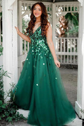 Vestido largo de fiesta verde con lentejuelas, escote en V y corte en A