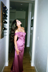 Robe de bal longue en satin, coupe fourreau/colonne, épaules dénudées, modèle Y4057