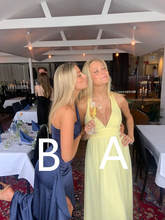 Vestido de fiesta amarillo con escote en V profundo y corte en A, vestido de noche azul marino estilo sirena Y1958