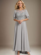 A-line Scoop Illusion Asymmetrical Chiffon Lace Mother of the Bride Dress With Beading