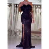 Robe de bal longue bustier scintillante à plumes et robes de soirée fendues