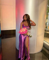 Vestido largo de fiesta sencillo con tirantes finos y abertura, vestido de noche formal Y1855