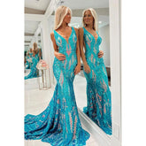 Robe de bal longue sirène scintillante à paillettes et col en V