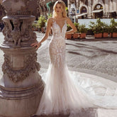 Sexy tirantes finos Vestidos De Novia encaje con cuello en V sirena Vestidos De Novia apliques espalda descubierta Vestido De Noiva