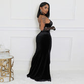 Robe de soirée sexy à lacets, col halter, fente haute, couleur unie, strass et manches en résille