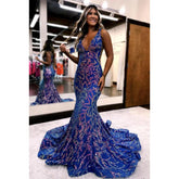 Hermoso y encantador vestido de fiesta de corte trompeta/sirena con cuello halter, sin mangas, lentejuelas y espalda descubierta