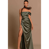 Robe de soirée longue bustier asymétrique froncée avec fente