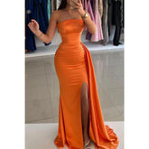 Fitted Strapless Sleeveless Ruched with Train Party Prom Evening Dress