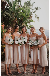 Sheath Tea Length Sleeveless Sexy Bridesmaid Dresses Spaghetti Strap