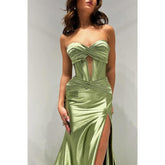 Vestido de noche para fiesta de graduación, corte trompeta, escote corazón, sin tirantes, ilusión fruncida y abertura lateral