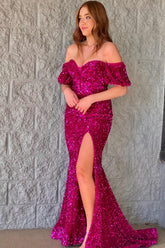 Mermaid Off the Shoulder Fuchsia Sequins Long Prom Dress with Split Front