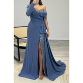 Robe de bal longue sexy asymétrique à perles et col en V
