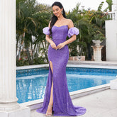 Robe de cocktail élégante et sexy, longue, à sequins, manches courtes, bustier cache-cœur, dos nu, robe de demoiselle d'honneur