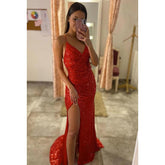 Robe de soirée fourreau/colonne à col en V, fendue et sans manches, à sequins