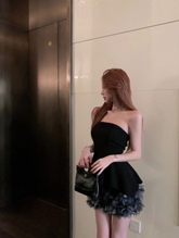 Robe de cocktail bustier en tulle noir à fleurs 3D, robe de bal bustier Y8105