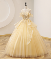 Vestido de gala amarillo con cuentas para quinceañera, vestido largo formal amarillo Y4045