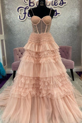 Blushing Pink Tulle Ruffle Layers Lace-Up Back A-Line Prom Dress
