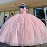 Vestido de quinceañera rosa claro con escote corazón, vestido de baile para fiesta de cumpleaños Y2730