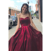 Sweetheart Burgundy Satin A-line Simple Prom Dress with Pockets