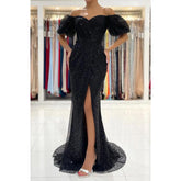 Vestido de fiesta único de sirena con hombros descubiertos, mangas cortas y abertura alta con purpurina