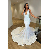 Robe de soirée sirène/trompette à col en V et paillettes, dos nu, sans manches