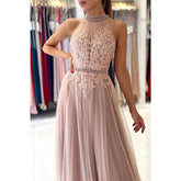 Vestido de noche formal de tul elegante con apliques de encaje y escote alto único