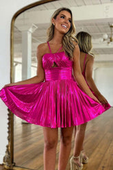 Metallic Spaghetti Straps Pleated A-Line Short Homecoming Dress