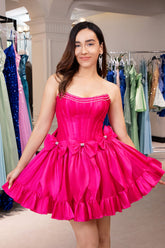 Trendy Fuchsia Strapless A-Line Satin Short Homecoming Dress with Bow