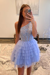 One Shoulder Tulle A-Line Tiered Short Corset Homecoming Dress
