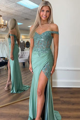 Off the Shoulder Mermaid Appliqued Long Corset Prom Dress with Slit